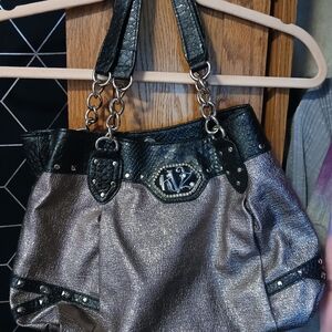 Kathy Van Zeeland Black and Silver Shoulder Bag